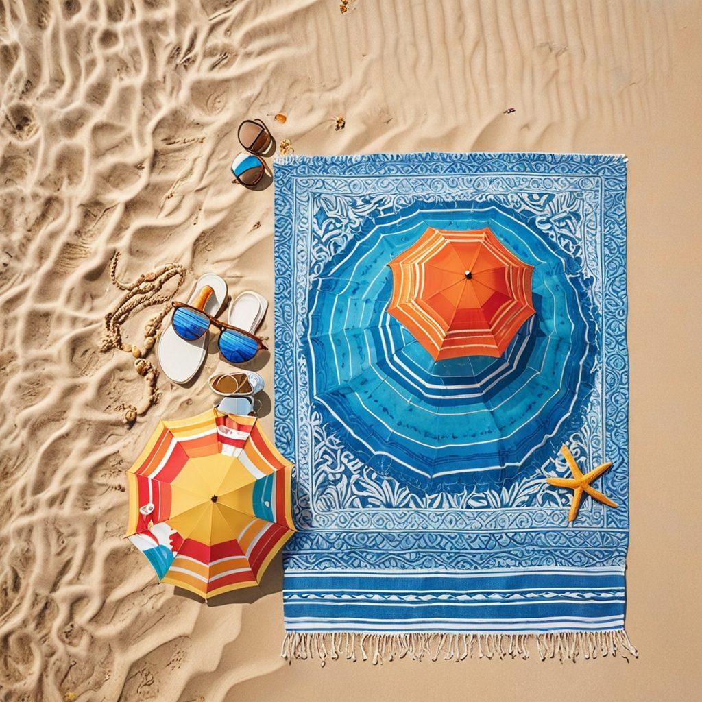 A vibrant beach scene featuring a stylish bikini laid out on a colorful beach towel, with a sunny sky and gentle waves in the background. Incorporate subtle travel insurance symbols, like an umbrella and a suitcase, harmoniously integrated into the environment. Emphasize the contrast between the sun's rays and the sparkling sea water. whimsical and bright colors. super-realistic.