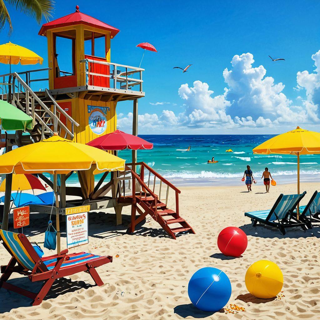 A vibrant scene of a sunny beach with colorful umbrellas and people enjoying the surf in stylish swimwear, alongside a beach vendor promoting swimwear insurance with playful signs. Include a playful lifeguard tower in the background and playful beach balls scattered around. The overall mood should be joyous and carefree, capturing the essence of summer vacations. bright colors. tropical vibe. cartoon style.