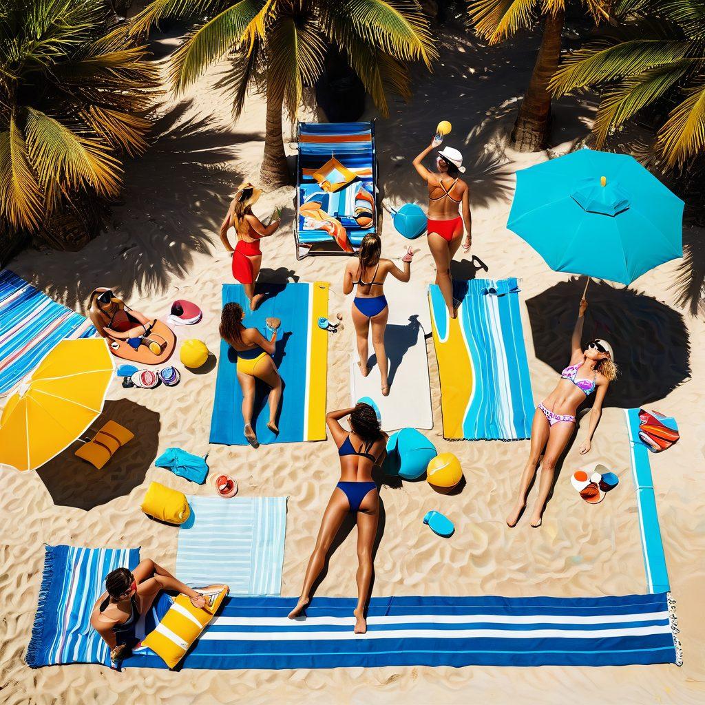 A vibrant beach scene featuring a diverse group of friends wearing stylish bikinis, playing beach volleyball and lounging on colorful towels. In the background, an array of iconic poolside accessories such as sun hats, sunglasses, and sunscreen bottles. The sun is shining brightly, casting playful shadows on the sand. This lively atmosphere captures the essence of summer fun while emphasizing the importance of swimwear care. super-realistic. vibrant colors. 3D.
